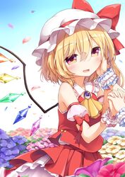  2girls anzu_ame blonde_hair blue_flower blush commentary_request crystal day flandre_scarlet flower hand_on_another&#039;s_face hand_on_own_cheek hand_on_own_face hat holding_hands interlocked_fingers long_hair mob_cap multiple_girls oerba_yun_fang one_side_up open_mouth out_of_frame outdoors petunia_(flower) pink_flower red_eyes red_skirt remilia_scarlet shirt siblings sisters skirt sleeveless sleeveless_shirt smile solo_focus touhou wind wind_lift wings yellow_flower 