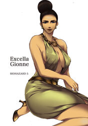  bad_id bad_pixiv_id bare_shoulders belt black_hair blue_eyes breasts dark-skinned_female dark_skin earrings excella_gionne female hair_bun jewelry large_breasts necklace no_bra resident_evil resident_evil_5 sideboob single_hair_bun sitting solo xxxxchild 