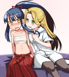  2girls bare_shoulders blonde_hair blue_hair blush bushidou_(sekaiju) bushidou_2_(sekaiju) chest_sarashi collarbone commentary_request dan_(orange_train) green_eyes hakama hakama_skirt japanese_clothes medic_(sekaiju) medic_4_(sekaiju) multiple_girls navel no_shirt open_mouth pantyhose photoshop_(medium) red_hakama sarashi sekaiju_no_meikyuu sekaiju_no_meikyuu_1 sitting skirt stomach yellow_eyes yuri 