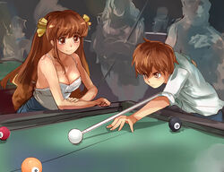  1boy 8-ball ball billiard_ball billiards blush breasts brother_and_sister brown_eyes brown_hair camisole cleavage commentary_request cue_stick female hair_ribbon large_breasts long_hair original photoshop_(medium) ribbon siblings smile suoni_(deeperocean) 