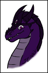  3_eyes black_border border dragon european_mythology eyelashes gamma_(tiamat) hi_res horn kaiju looking_at_viewer monster multi_eye mythological_creature mythological_scalie mythology portrait purple_body purple_eyes purple_skin scalie skianous smile solo space_dragon tiamat_(skianous) western_dragon wyvern 