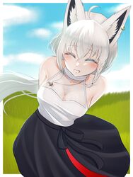  absurdres ahoge animal_ear_fluff animal_ears arms_behind_back black_skirt blush braid breasts cleavage closed_eyes cloud cloudy_sky commentary_request cosplay earrings facing_viewer female fox_ears fox_girl grass hair_between_eyes halter_shirt halterneck highres hololive jewelry long_hair long_skirt medium_breasts necklace ookami_mio ookami_mio_(cosplay) ookami_mio_(street) raguna1115 shirakami_fubuki shirt sidelocks single_braid skirt sky sleeveless sleeveless_shirt smile solo teeth virtual_youtuber white_hair white_shirt 