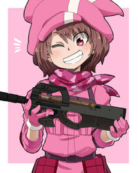  animal_hat aono3 bandana belt black_belt brown_hair bullpup commentary_request female gloves grin gun hat highres holding holding_gun holding_weapon jacket llenn_(sao) long_sleeves notice_lines outside_border p-chan_(p90) p90 pink_background pink_bandana pink_eyes pink_gloves pink_hat pink_jacket rabbit_hat short_hair smile solo submachine_gun sword_art_online sword_art_online_alternative:_gun_gale_online tactical_clothes utility_belt weapon 