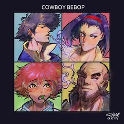  2boys 2girls absurdres album_cover_redraw bald beard black_hair blush_stickers candy cigarette cowboy_bebop demon_days_(gorillaz) derivative_work edward_wong_hau_pepelu_tivrusky_iv facial_hair faye_valentine food gorillaz hairband highres jet_black lips lollipop multiple_boys multiple_girls orange_hair parody purple_hair red_hairband scar scar_across_eye sheep_shin smoking spike_spiegel 