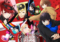  5boys 5girls ahoge akechi_gorou amamiya_ren animal_ears arm_up arms_up ascot athletic_leotard bangs baseball_bat beige_coat belt biker_clothes bikesuit billboard black_bodysuit black_cat black_coat black_gloves black_hair black_headwear black_jacket black_leotard black_mask black_ribbon black_scarf black_vest blonde_hair blouse blue_bodysuit blue_eyes blue_gloves blue_hair blue_jacket blue_scarf blunt_bangs bodysuit braid breaking brown_hair building cat_ears cat_tail cavalier_hat cheek_press cheek_squash chiata_(p55656) coat collar collared_jacket cropped_jacket crown_braid curly_hair earrings feline fox_mask from_side gem glass_shards glasses gloves goggles goggles_on_head graffiti green_gloves grey_eyes grey_mask hair_between_eyes hair_intakes hair_ribbon hand_up hands_up happy hat head_tilt heart heart-shaped_pupils high_collar high_ponytail hime_cut holding holding_baseball_bat holding_heart holding_mask holding_weapon jabot jacket jewelry kitagawa_yuusuke large_hat latex latex_bodysuit leotard light_smile long_hair long_sleeves mask mask_on_head masquerade_mask morgana_(persona_5) multiple_boys multiple_girls niijima_makoto okumura_haru one_eye_closed open_mouth orange_hair outstretched_arms parted_lips persona persona_5 persona_5_the_royal pink_blouse ponytail red_background red_bodysuit red_eyes red_hair red_mask red_neckwear ribbon running sakamoto_ryuuji sakura_futaba scarf screen shattered shattering short_hair shoulder_pads shoulder_spikes simple_background skull skull_mask smile spikes star_(symbol) steel_mask stud_earrings swept_bangs symbol-shaped_pupils tail takamaki_anne teeth tongue tongue_out treasure trench_coat tuxedo twintails utility_belt v vest weapon white_mask yellow_gloves yellow_scarf yoshizawa_kasumi 