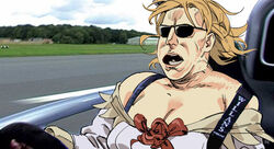  blonde_hair bow breasts cleavage commentary dress driving female jeremy_clarkson jeremy_clarkson_driving_an_ariel_atom_(meme) kantai_collection large_breasts long_sleeves meme open_mouth parody photo-referenced photo_background red_bow ruukii_drift solo sunglasses top_gear warspite_(kancolle) white_dress 