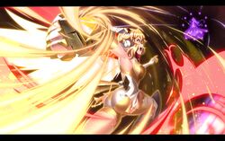  2girls absurdres ass battle breasts brown_eyes clenched_hand commentary_request crystal elbow_gloves energy energy_wings flying gloves highres kohinata_miku letterboxed light_brown_hair multiple_girls nyanmaru senki_zesshou_symphogear shem-ha shorts tachibana_hibiki_(symphogear) torn_clothes x-drive_(symphogear) 