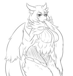  bangs breasts commentary english_commentary eyebrows_visible_through_hair feathers fluffy fur_collar greyscale hair_between_eyes harpy highres large_breasts line_art monochrome monster_girl monster_girl_encyclopedia nav owl_mage_(monster_girl_encyclopedia) solo thick_eyebrows winged_arms 