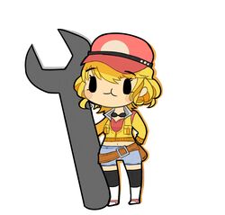  chaobu chibi cidney cidney_aurum curly_hair female final_fantasy final_fantasy_xv goggles hat midriff navel short_hair simple_background solo thighhighs white_background wrench 