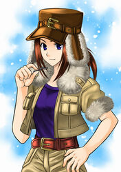  74 alta_(culdcept) belt blue_eyes brown_belt brown_hair brown_pants closed_mouth commentary_request culdcept female fur-trimmed_jacket fur_hat fur_trim hat holding jacket lockpick looking_at_viewer military_jacket pants purple_shirt shirt solo ushanka 