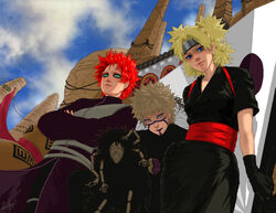  2boys alternate_eye_color alternate_hair_color blonde_hair blue_eyes commentary_request female forehead_protector gaara_(naruto) green_eyes hand_fan kankurou_(naruto) luke_uehara multiple_boys naruto_(series) naruto_shippuuden puppet red_hair siblings sunagakure_symbol temari_(naruto) yellow_eyes 