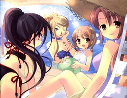  4girls all_fours angry ass back ball bandeau beachball bikini black_bikini black_hair blonde_hair blue_eyes blush braid breasts brown_hair casual_one-piece_swimsuit chair choker cleavage day embarrassed flat_chest from_behind hair_ornament hairclip hat head_rest ito_noizi large_breasts lipstick long_hair looking_back lounge_chair makeup margery_daw mature_female multiple_girls official_art one-piece_swimsuit one_eye_closed outdoors parted_bangs partially_submerged pink_hair ponytail pool poolside red_eyes red_lips sakai_chigusa sarong shakugan_no_shana shana short_hair side-tie_bikini_bottom sitting smile straw_hat sweatdrop swimsuit twin_braids very_long_hair water yellow_eyes yellow_sarong yoshida_kazumi 