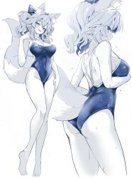  absurdres animal_ear_fluff animal_ears ass blue_one-piece_swimsuit blush bow breasts cleavage fate/extella fate/extra fate_(series) fox_ears fox_girl fox_tail hairbow highres large_breasts looking_at_viewer one-piece_swimsuit partially_colored smile split_ponytail swimsuit tail tamamo_(fate) tamamo_no_mae_(fate/extra) wisespeak 