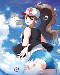  :d absurdres ass baseball_cap black_vest blue_eyes blue_shorts blue_sky breasts brown_hair cloud cropped_vest day denim denim_shorts female floating_hair from_behind hat high_ponytail highres hilda_(pokemon) long_hair looking_back medium_breasts neogul_kim open_hand open_mouth outdoors outstretched_arm poke_ball_symbol pokemon pokemon_bw ponytail reaching reaching_towards_viewer shirt short_shorts shorts sidelocks sky smile solo sunlight very_long_hair vest water white_shirt 