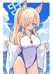  animal_ear_fluff animal_ears bare_arms bare_legs bare_shoulders blonde_hair blue_archive blue_eyes blue_halo breasts closed_mouth competition_swimsuit covered_navel cowboy_shot day dog_ears female groin hair_over_one_eye halo kanna_(blue_archive) kanna_(swimsuit)_(blue_archive) large_breasts long_hair looking_at_viewer ocean official_alternate_costume one-piece_swimsuit onyhakase outdoors ponytail solo swimsuit valkyrie_police_academy_swimsuit wet whistle whistle_around_neck white_one-piece_swimsuit 