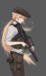  ajin_(sakurai_gamon) assault_rifle black_choker black_panties blonde_hair brown_pants bulletproof_vest bullpup chinese_commentary choker collared_shirt commentary_request commission cosplay female flat_cap from_side girls&#039;_frontline grey_background gun handgun hat highleg highleg_panties highres holding holding_gun holding_weapon holster long_hair looking_at_viewer m1911 michaeliadalto9 orange_eyes ots-14_(girls&#039;_frontline) ots-14_groza panties pants parted_lips ponytail rifle satou_(ajin) satou_(ajin)_(cosplay) second-party_source shirt simple_background solo suppressor thigh_holster trigger_discipline underwear vest weapon white_shirt 