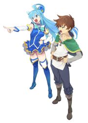  1boy aqua_(konosuba) belt black_pants blue_bow blue_bowtie blue_eyes blue_footwear blue_hair blue_shirt blue_skirt boots bow bowtie breasts brooch brown_belt capelet detached_sleeves female floating_hair green_capelet green_eyes grey_shirt hand_on_own_hip hands_on_own_hips high_heel_boots high_heels highres jewelry knee_boots kono_subarashii_sekai_ni_shukufuku_wo! large_breasts long_hair long_sleeves looking_at_another looking_to_the_side mamorunokoto miniskirt open_mouth pants pants_tucked_in pointing pointing_forward satou_kazuma shirt short_hair simple_background single_hair_ring skirt sleeveless sleeveless_shirt smile standing thigh_boots thighhighs undershirt v-shaped_eyebrows white_background white_sleeves white_thighhighs white_tunic 