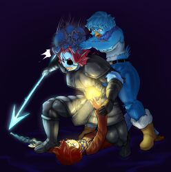  absurd_res anthro avian beak big_breasts bird breasts clothing clover_(undertale_yellow) female fight fish group hi_res human male mammal marine martlet_(undertale_yellow) muscular muscular_anthro muscular_female thedarkzircon thick_thighs torn_clothing trio undertale_(series) undertale_yellow undyne 