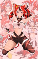  animal_ears armpits arms_behind_head asymmetrical_legwear belt black_hair black_necktie black_shorts blue_eyes breasts commentary cropped_shirt detached_collar female fishnet_thighhighs fishnets full_body grin hakos_baelz hakos_baelz_(1st_costume) hakos_baelz_(casual) highres hololive hololive_english kneeling long_hair looking_at_viewer ma_draws medium_breasts mouse_ears mouse_girl mouse_on_head multicolored_hair navel necktie official_alternate_costume outline red_hair shirt shorts smile streaked_hair symbol-only_commentary thigh_strap thighhighs thighs twintails virtual_youtuber white_hair white_outline white_shirt 