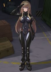  arm_at_side armored_bodysuit black_bodysuit blonde_hair blue_eyes bodysuit box breasts container covered_navel female fortified_suit hairband hangar headgear highres impossible_bodysuit impossible_clothes irisdina_bernhard kurione_(zassou) large_breasts long_hair looking_at_viewer muv-luv muv-luv_alternative salute schwarzesmarken shadow shiny_clothes skin_tight solo 