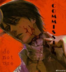  1boy absurdres artist_name bandaged_neck bandages blood blood_on_face blood_on_neck brown_hair commission death_note hair_between_eyes highres looking_ahead male_focus parted_lips portrait red_background seapall short_hair simple_background solo sweatdrop weibo_watermark yagami_light 