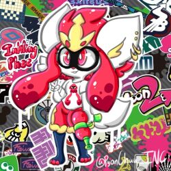  anthro cephalopod cinderace clothing ear_piercing female generation_8_pokemon gesture gun hair hand_gesture hybrid inkling lewdchuu_(artist) marine mollusk nintendo phoenix_fyra_(lewdchuu) piercing pokemon pokemon_(species) ranged_weapon red_eyes red_hair scut_tail shirt short_tail solo splatoon tail topwear v_sign weapon 