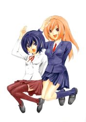  2girls :d black_eyes black_footwear blazer blue_hair blue_jacket blue_skirt blue_socks breasts brown_eyes chestnut_mouth collared_shirt full_body hand_up highres jacket jumping knees_together_feet_apart legs_together legs_up loafers long_hair long_sleeves looking_at_viewer marker_(medium) medium_breasts minami-ke minami_haruka minami_touma multiple_girls necktie official_art open_mouth orange_hair over-kneehighs pigeon-toed pleated_skirt red_necktie red_ribbon red_socks ribbon sakuraba_koharu salute school_uniform shirt shoes short_hair simple_background skirt small_breasts smile socks teeth thighhighs traditional_media upper_teeth_only white_background white_jacket 