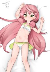  absurdres aged_down akashi_(kancolle) akashi_(swimsuit_mode)_(kancolle) blunt_tresses dated feet_out_of_frame female flat_chest gradient_bikini green_eyes hair_ribbon highres kantai_collection long_hair maru_(marg0613) pink_hair ribbon solo tress_ribbon twitter_username 