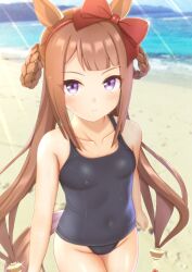  alternate_costume animal_ears beach blurry blurry_background blush breasts brown_hair closed_mouth commentary_request covered_navel female hair_rings headband looking_at_viewer naruruka0805 ocean old_school_swimsuit purple_eyes ribbon school_swimsuit small_breasts smile solo sweep_tosho_(umamusume) swimsuit umamusume 