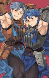  2boys alain_(unicorn_overlord) arm_up armor armpits blue_hair blush breastplate bulge cape gerard_(unicorn_overlord) grandfather_and_grandson grin highres looking_at_viewer male_focus multiple_boys muscular muscular_male red_background red_eyes sagami_jon simple_background smile thick_thighs thighs unicorn_overlord 