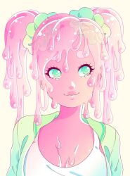  artist_logo breasts bright_pupils colored_skin commission dripping female ghoulkiss green_eyes green_jacket green_scrunchie heart heart-shaped_pupils jacket liquid_hair medium_breasts monster_girl original pastel_colors pink_hair pink_skin portrait scrunchie slime_(substance) slime_girl smile solo symbol-shaped_pupils tank_top twintails white_pupils white_tank_top yellow_background 