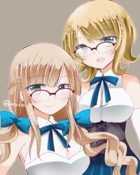  2girls bespectacled blonde_hair blue_eyes braid breasts cleavage colorado_(kancolle) dress glasses highres inscco kantai_collection large_breasts light_brown_hair long_hair looking_back low_twintails maryland_(kancolle) multiple_girls neck_ribbon open_mouth ribbon short_hair twintails upper_body 