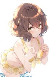  bikini bikini_skirt blush breasts brown_eyes brown_hair closed_mouth collarbone female frilled_bikini frills front-tie_bikini_top front-tie_top hands_up hibike!_euphonium highres looking_at_viewer oumae_kumiko short_hair small_breasts smile solo swimsuit uu-tan_(hushigi10) yellow_bikini 