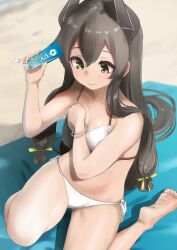  absurdres bad_anatomy bad_leg bare_arms bare_legs bare_shoulders barefoot bikini black_hair breasts closed_mouth commission female green_eyes hair_between_eyes headgear highres i-47_(kancolle) kantai_collection long_hair lotion pixiv_commission side-tie_bikini_bottom small_breasts soles solo sunscreen swimsuit tama_(tamago) toes white_bikini 