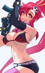  anti-materiel_rifle belt bikini bikini_top_only breasts cleavage covered_nipples elbow_gloves female fingerless_gloves flame_print gloves grin gun hair_between_eyes hair_ornament hair_stick highres large_breasts long_hair looking_at_viewer navel no_shirt pink_thighhighs ponytail red_hair rifle scarf short_shorts shorts simple_background skull_hair_ornament smile sniper_rifle solo striped_clothes striped_scarf studded_belt swimsuit tengen_toppa_gurren_lagann thighhighs underboob ura_dora very_long_hair weapon white_background yellow_eyes yoko_littner 