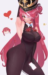  absurdres arm_up armpits black_gloves bodystocking breasts chibi female gloves hat highres houshou_marine houshou_marine_(marching_band) long_hair looking_at_viewer multicolored_hair pantyhose red_hair solo thick_thighs thighs virtual_youtuber 