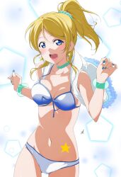  ayase_eli bare_shoulders bikini blonde_hair blue_eyes blue_nails blush breasts earrings female hair_ornament hair_scrunchie high_ponytail highres hood hooded_jacket jacket jewelry long_hair looking_at_viewer love_live! medium_breasts nagi_mkrnpn nail_polish navel open_clothes open_mouth scrunchie simple_background sleeveless sleeveless_jacket smile solo star_(sky) star_(symbol) star_earrings star_sticker swimsuit two-tone_background white_bikini 