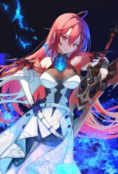  ahoge blue_fire blue_hair breasts colored_inner_hair dress elizabeth_rose_bloodflame female fire greatsword highres hololive hololive_english huge_ahoge huge_weapon long_hair looking_at_viewer medium_breasts multicolored_hair open_mouth red_eyes red_hair smile solo sword thorn_(elizabeth_rose_bloodflame) very_long_hair virtual_youtuber weapon xyunx 