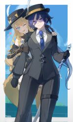  2girls absurdres alternate_costume bare_shoulders black_gloves black_hat black_jacket black_pants blonde_hair blue_eyes blue_hair blue_necktie blue_sky clorinde_(genshin_impact) cloud cowboy_shot day f.sakuma fedora genshin_impact gloves hat hat_feather head_tilt highres holding holding_sword holding_weapon jacket long_hair long_sleeves multiple_girls navia_(genshin_impact) necktie pants purple_eyes shirt sky standing sunglasses sword thigh_strap very_long_hair weapon white_shirt 