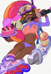  alternate_costume arm_up asymmetrical_hair bag blue_tongue breasts cake collared_shrug colored_eyelashes colored_tongue commentary crop_top cross-shaped_pupils dark-skinned_female dark_skin decavitator_(splatoon) diving_mask diving_mask_on_head doughnut_innertube earrings fangs female food forehead frye_(splatoon) full_body goggles goggles_on_head gradient_hair guitar hair_ornament highres holding holding_guitar holding_instrument holding_plate inkling instrument invisible_chair itou_(golem_inc) jewelry long_pointy_ears long_sleeves lowleg lowleg_panties multicolored_hair navel open_mouth orange_eyes orange_hair panties pink_bag pink_shirt pink_socks plate pointy_ears purple_footwear purple_hair purple_panties roller_skates shirt shoulder_bag shrug_(clothing) sitting skates snorkel socks solo splatoon_(series) splatoon_3 stomach strawberry_cake symbol-only_commentary symbol-shaped_pupils tentacle_hair two-tone_hair underwear x_hair_ornament yellow_pupils 