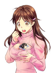  1boy :3 =_= between_breasts breasts brown_eyes brown_hair cleavage cleavage_cutout clothing_cutout commentary_request female highres kellylee kindaichi_hajime kindaichi_shounen_no_jikenbo large_breasts long_hair meme_attire mini_person miniboy nanase_miyuki open-chest_sweater open_mouth person_between_breasts photoshop_(medium) ribbed_sweater sweatdrop sweater upper_body white_background 