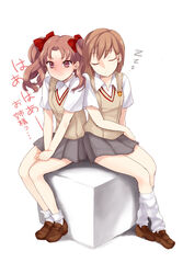  2girls ankle_socks brown_eyes brown_hair closed_eyes commentary_request fidgeting highres himaya kneehighs loafers long_hair misaka_mikoto multiple_girls photoshop_(medium) school_uniform serafuku shirai_kuroko shoes short_hair sitting skirt sleeping socks toaru_kagaku_no_railgun toaru_majutsu_no_index tokiwadai_school_uniform translated twintails uniform 