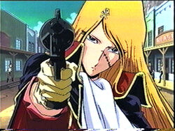  big_gun blonde_hair emeraldas gun leiji_matsumoto queen_emeraldas scar screen_capture xelizarios 