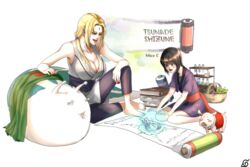  2girls artist_name black_hair blonde_hair breasts character_name cleavage facial_mark forehead_mark katsuyu may_c_(lovemeiko) multiple_girls naruto pig shizune_(naruto) sitting slug tonton_(naruto) tsunade 