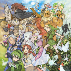  6+boys 6+girls androgynous animal bad_id bad_pixiv_id beard bird blonde_hair blue_eyes blue_hair broom chicken cucco dark_link darunia deku_shield dress earrings epona everyone facial_hair fado_(ocarina_of_time) fairy ganondorf gerudo great_fairy_(zelda) green_eyes green_hair grin hakobe_(ichiru) hat holding holding_sword holding_weapon horse impa ingo instrument jewelry kaepora_gaebora kotake koume_(zelda) left-handed link malon mido_(zelda) midriff monster_girl multiple_boys multiple_girls nabooru navi ocarina owl pointy_ears ponytail postman_(zelda) princess_ruto princess_zelda rake red_eyes red_hair reverse_trap saria_(zelda) scarf sheik shield siblings sleeping smile sword talon_(zelda) the_legend_of_zelda the_legend_of_zelda:_ocarina_of_time twins weapon white_hair wooden_shield young_link young_zelda 