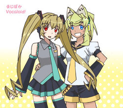  2girls animal_ears blonde_hair blue_eyes commentary_request cosplay dark-skinned_female dark_skin detached_sleeves dog_ears hatsune_miku hatsune_miku_(cosplay) headphones headset kagamine_rin kagamine_rin_(cosplay) kaki_(eijikash) liru multiple_girls necktie pachira red_eyes renkin_san-kyuu_magical_pokaan skirt thighhighs twintails vocaloid 