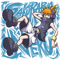  1boy belt boots commentary_request headphones male_focus midriff orange_hair photoshop_(medium) sakuraba_neku solo subarashiki_kono_sekai tealfrosty wristband 