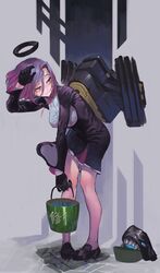  abyssal_ship black_dress black_footwear black_gloves breasts bucket commentary_request dress female frilled_dress frills gloves halo hand_on_own_head holding holding_bucket kantai_collection leaning_forward long_sleeves mechanical_halo medium_breasts pleated_dress purple_hair rigging shadow shoes short_hair solo standing tatsuta_(kancolle) tianzhong_zhongtian wind wind_lift yellow_eyes 