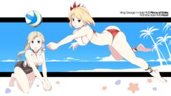  2girls :o ass azur_lane back ball bare_arms bare_legs bare_shoulders barefoot beach beach_volleyball beachball bikini black_choker blonde_hair blue_eyes blue_sky bouncing_breasts braid breasts casual_one-piece_swimsuit character_name choker cleavage cloud coconut coconut_tree collarbone commentary_request covered_navel crown_braid day diamond_(shape) dimples_of_venus earrings eyebrows flower french_braid full_body hair_between_eyes hair_flower hair_ornament highres hood_(azur_lane) hood_(lady_of_the_shining_sun)_(azur_lane) jewelry kneeling large_breasts leaning_forward lifebuoy long_hair low_ponytail midair mismatched_bikini multicolored_bikini multicolored_clothes multicolored_swimsuit multiple_girls ocean official_alternate_costume one-piece_swimsuit open_mouth orange_eyes outside_border outstretched_arm own_hands_together palm_tree pendant prince_of_wales_(azur_lane) prince_of_wales_(sun_shining_upon_windsor)_(azur_lane) red_bikini red_eyes red_ribbon revision ribbon seashell shell shigino_sohuzi short_hair sideboob single_braid single_earring single_hair_intake skin_tight skindentation sky star_(symbol) swim_ring swimsuit tareme thigh_strap tree v-shaped_eyebrows v_arms water white_bikini 