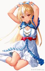  :o armpits blonde_hair bow breasts cleavage dress female frilled_dress frills fujima_takuya hololive large_breasts multicolored_hair open_mouth orange_eyes ponytail red_bow shiranui_flare socks streaked_hair virtual_youtuber white_socks wrist_cuffs 